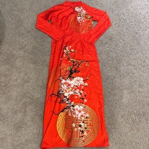 Vibrant Red Ao Dai with Floral Accents
